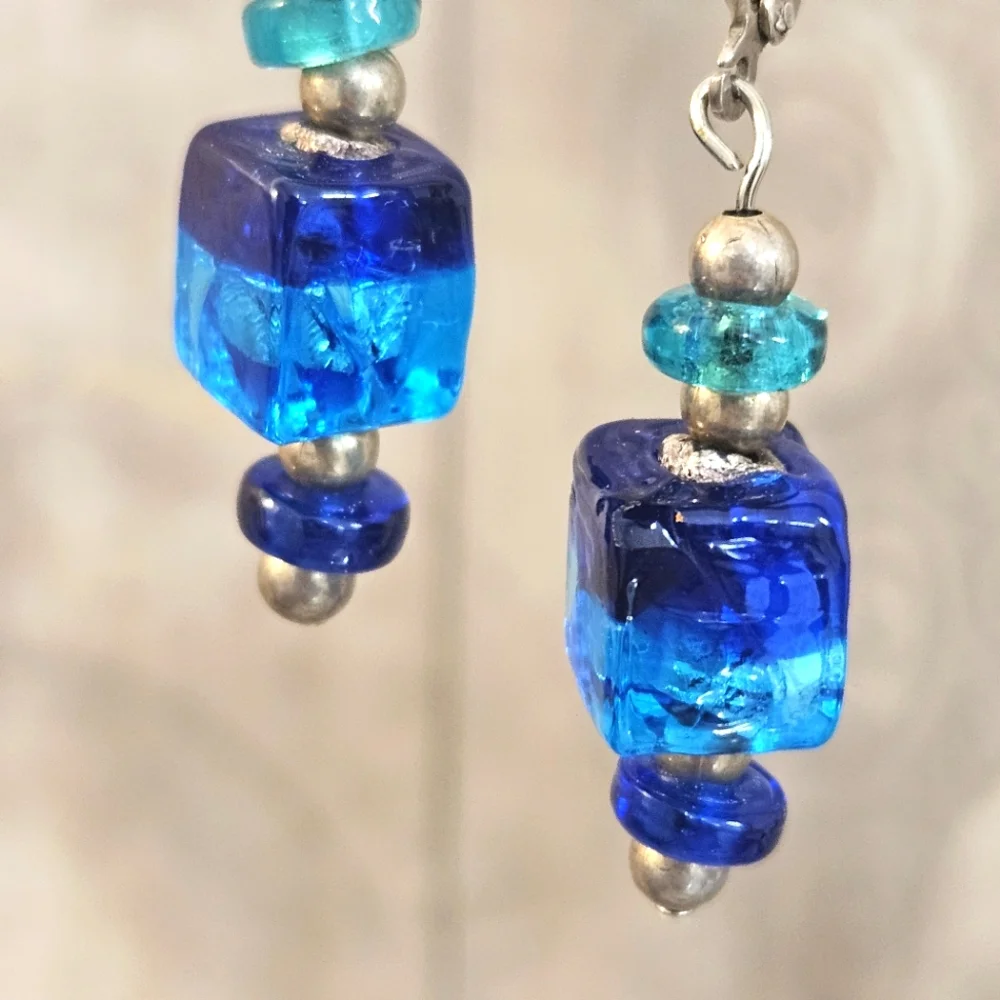 Glass Turquoise & Teal Beads Sterling Silver Dangle Lever Back Earrings